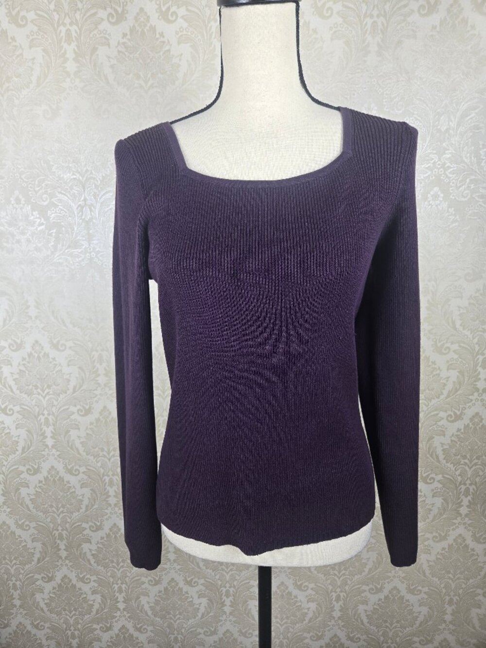 City Silk Size Medium Eggplant Purple Square Neck Sweater Long Sleeve Ribbed